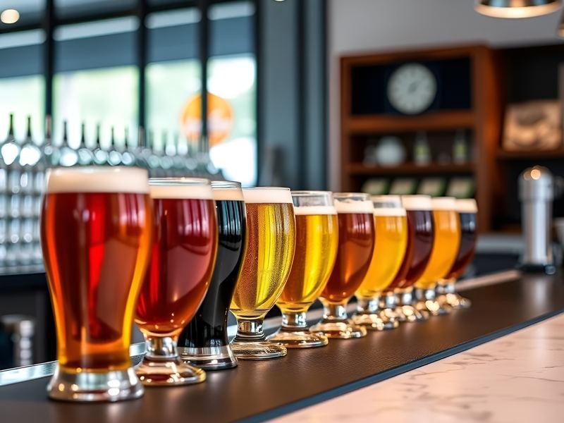 A lineup of different craft beer styles along a Chicago brewery bar