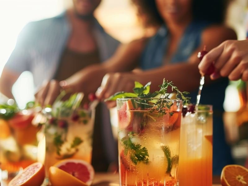 Guests garnishing their own craft cocktails during a hands-on mixology lesson