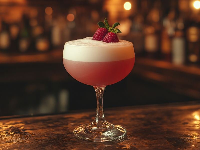 A craft raspberry cocktail with berry and mint garnish on a Chicago bar counter