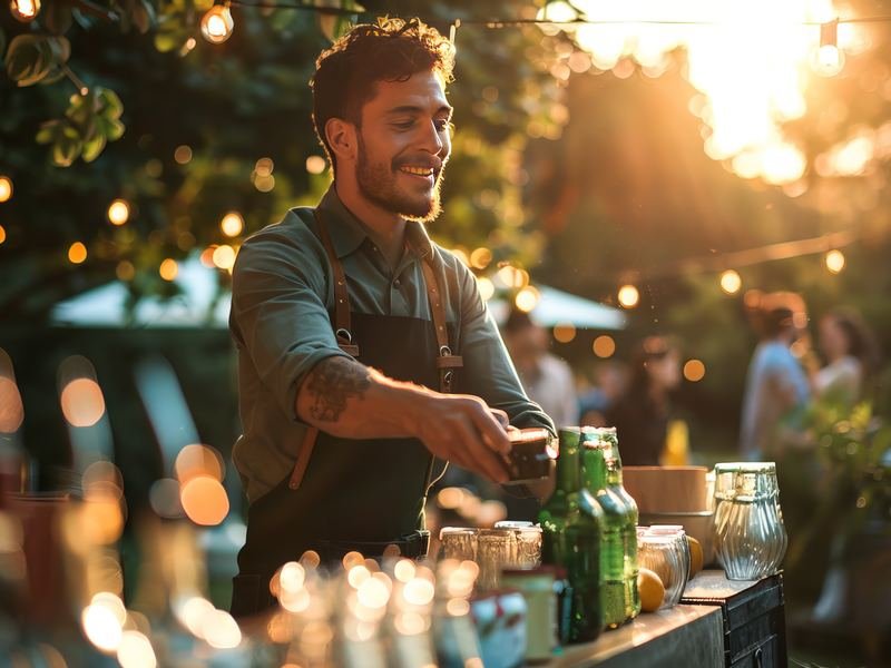A bartender mixing drinks at an outdoor private event at golden hour